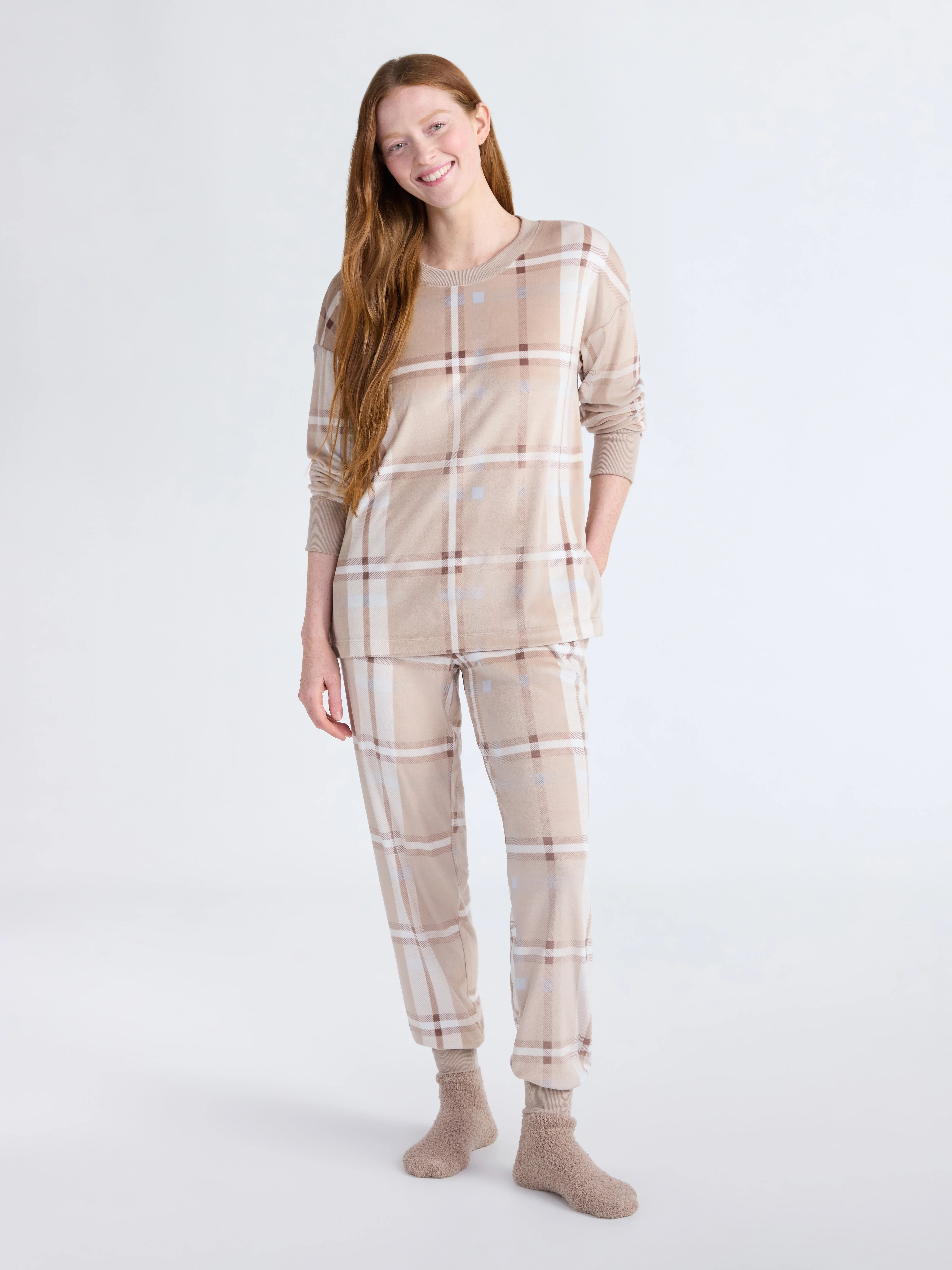 Joyspun Women’s Stretch Velour Long Sleeve Top, Pants, and Socks Pajama Set, 3-Piece, Sizes XS-... | Walmart (US)