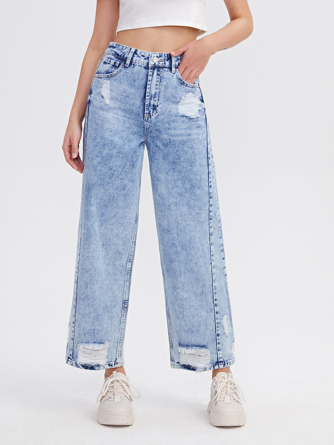 Light Wash High-Waisted Ripped Baggy Jeans | SHEIN