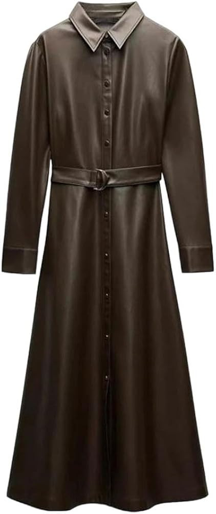 Women's Winter Single Button Faux Leather Belt Long A-Line Dress | Amazon (US)
