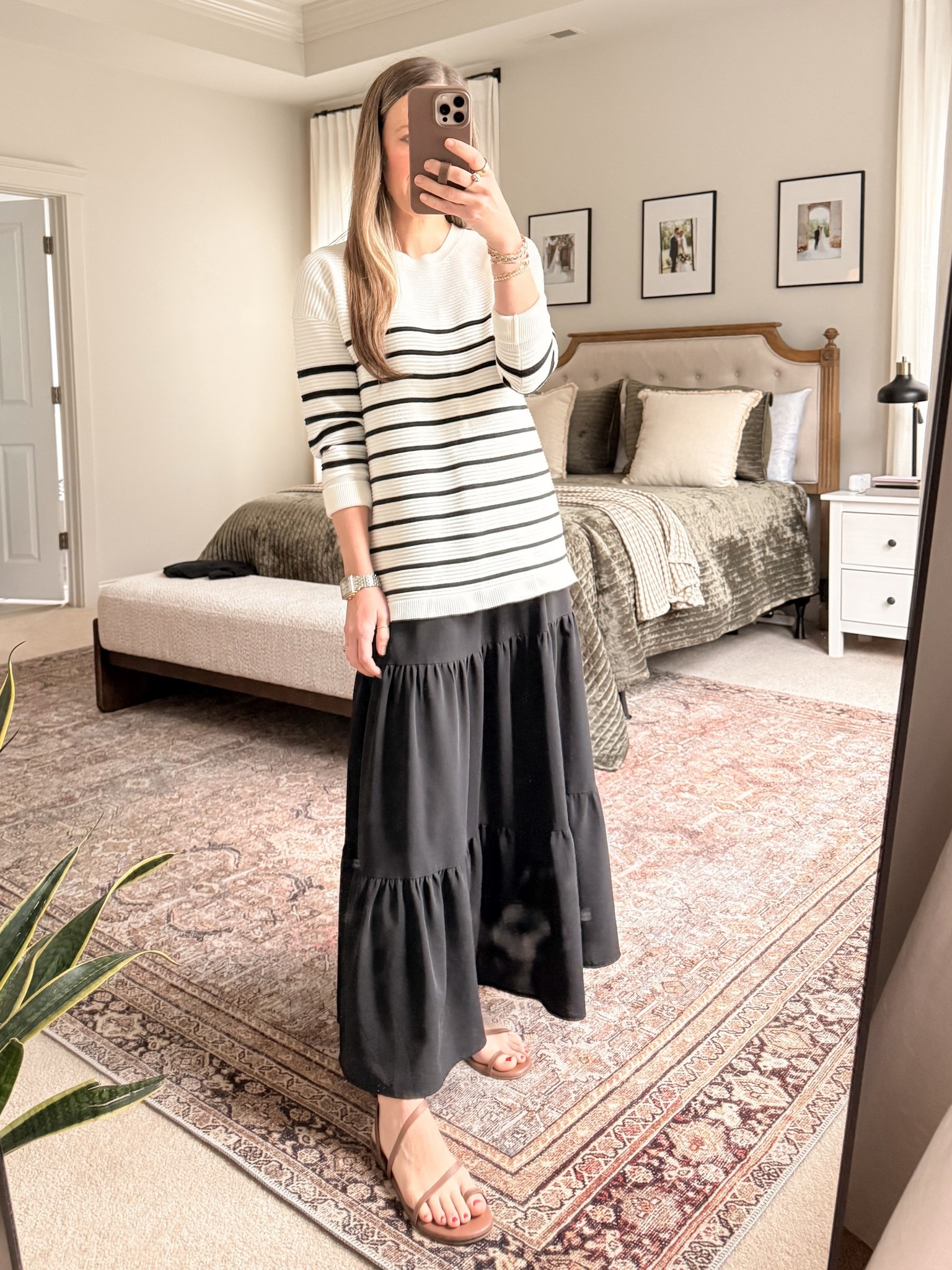 Winter to Spring Church Outfit 🤍

• Amazon tiered black midi skirt
• Amazon striped lightweight sweater
• Neutral leather sandals

This is one of my favorite easy church outfits for that in-between season when it’s not fully warm but winter layers feel heavy.

A black midi skirt is a staple in a spring capsule wardrobe — you can style it with sweaters now and switch to tees and tanks later. The striped sweater keeps it classic and timeless while still feeling fresh for spring.

Perfect for:
• Church outfit ideas
• Modest spring outfits
• Midi skirt outfit women
• Winter to spring transition outfits
• Casual church outfits
• Spring capsule wardrobe
• Classic feminine style

Comfortable, polished, and easy to repeat all season.

#LTKootd #LTKmomlife #LTKSeasonal