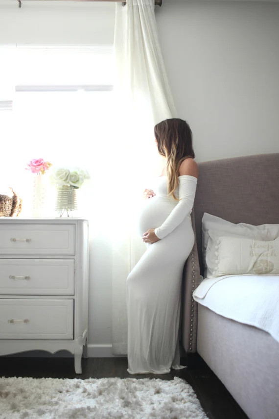 Maternity dress-dress fitted Photo Prop Stretch Jersey Long Maxi Dress Long sleeve Gender Reveal ... | Etsy (US)