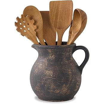 MIYUKI Rustic Kitchen Utensil Holder - 7.6 Inch Ceramic Utensil Crock for Countertop, Vintage Kit... | Amazon (US)