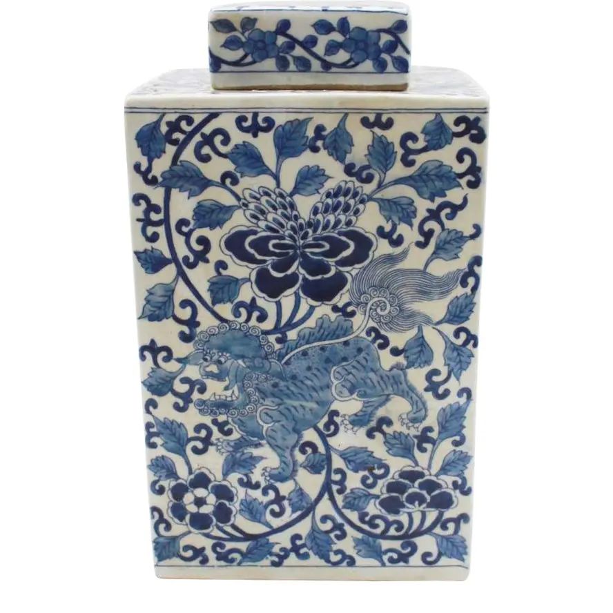 Lion Floral Square Blue & White Tea Jar | Chairish