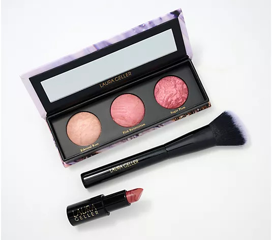 Laura Geller Blush Palette Lipstick and Brush 3-Piece Set - QVC.com | QVC