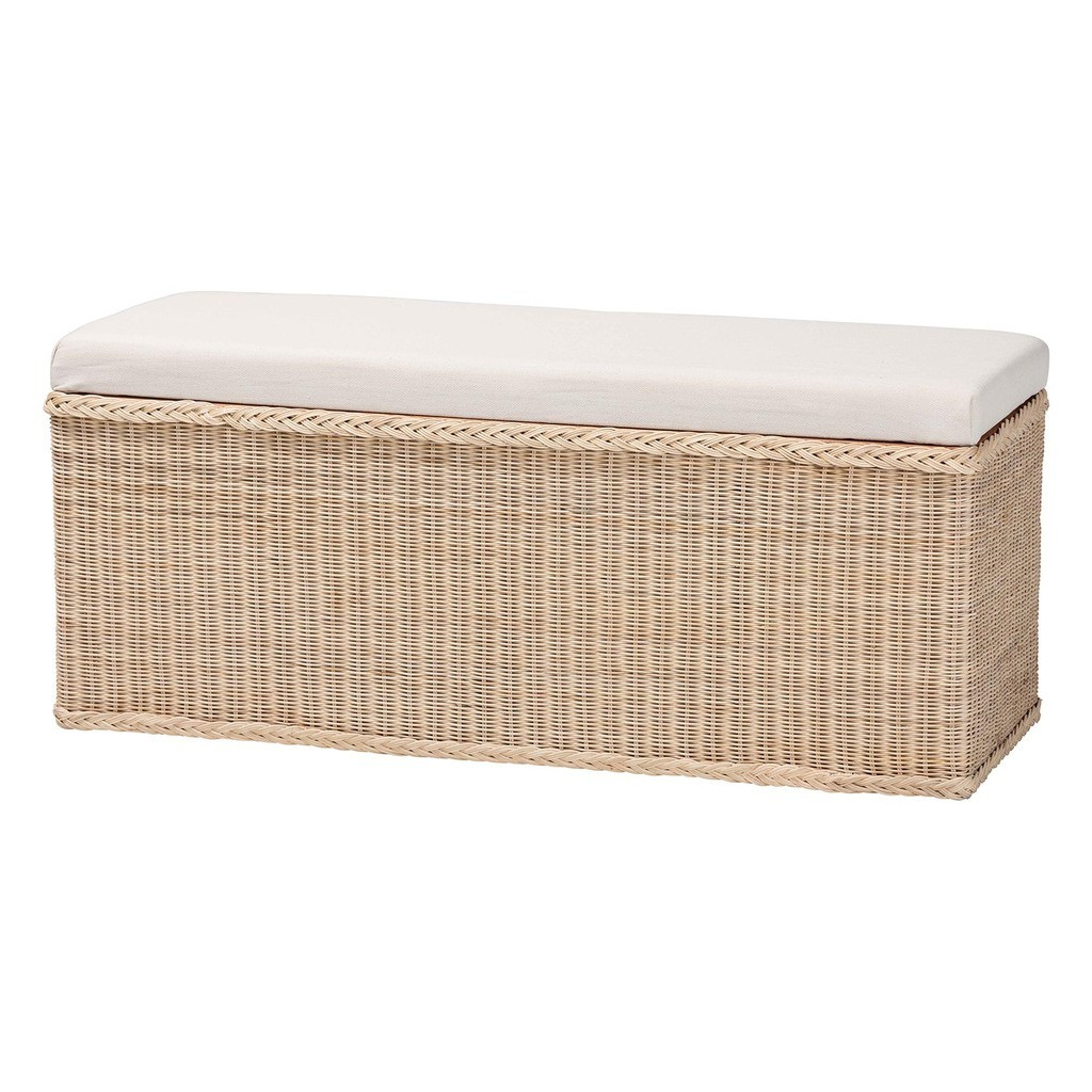 Barid Braided Rattan Rectangle Storage Bench with Cushioned Lift-Top Lid In Natural | 1stopbedrooms
