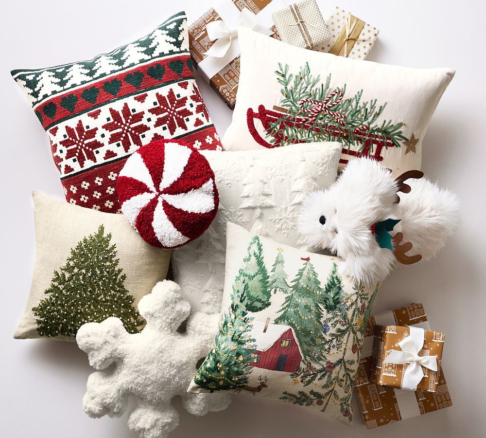 Christmas Tree Sled Embroidered Lumbar Pillow Cover | Pottery Barn (US)