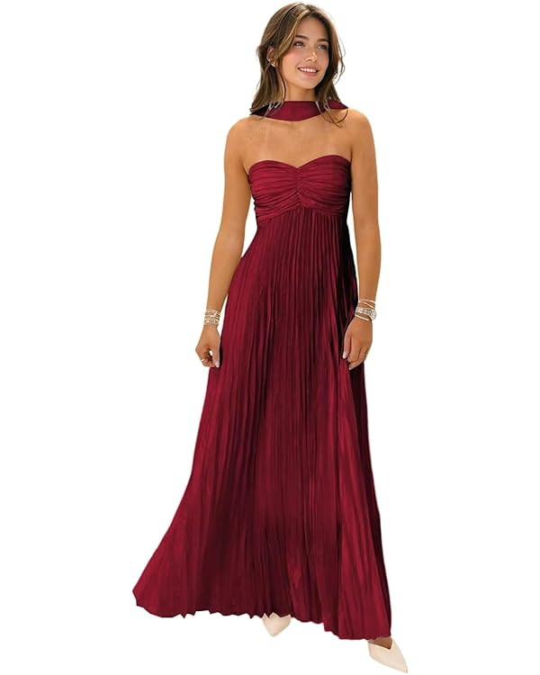 Women's Strapless Chiffon Bridesmaid Dresses with Scarf Long A-Line Pleated Formal Evening Dress ... | Amazon (US)