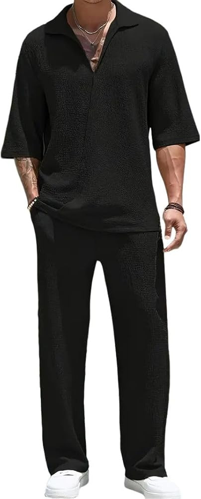 Men's Spring & Summer Solid 2pcs Jacquard Collared Short Sleeve Blouse & Drawstring Pocket Pants ... | Amazon (US)