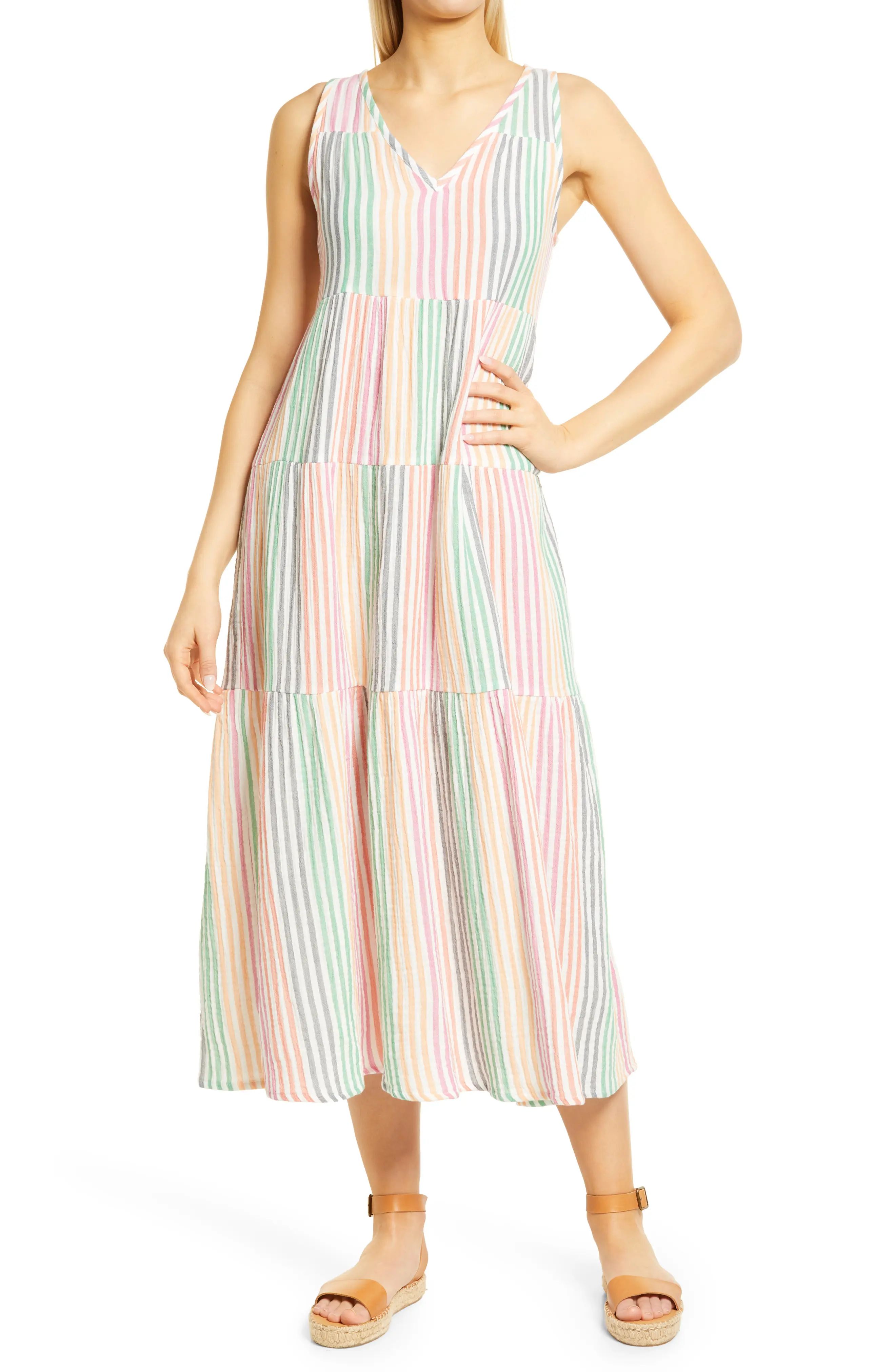 Marine Layer Corinne Stripe Tiered Maxi Dress in Rainbow Stripe at Nordstrom, Size Small | Nordstrom