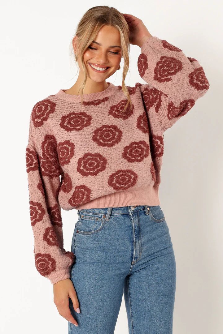 Amara Crewneck Rose Detail Knit Sweater - Mauve | Petal & Pup (US)