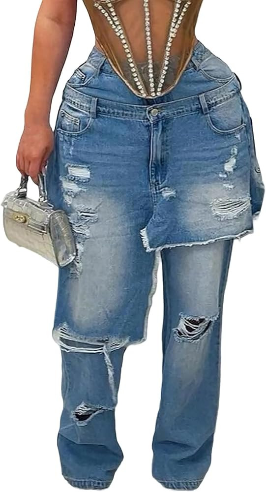 LKOUS Women's Ripped Baggy Jeans High Waist Wide Leg Patchwork Distressed Cutout Stretchy Denim P... | Amazon (US)