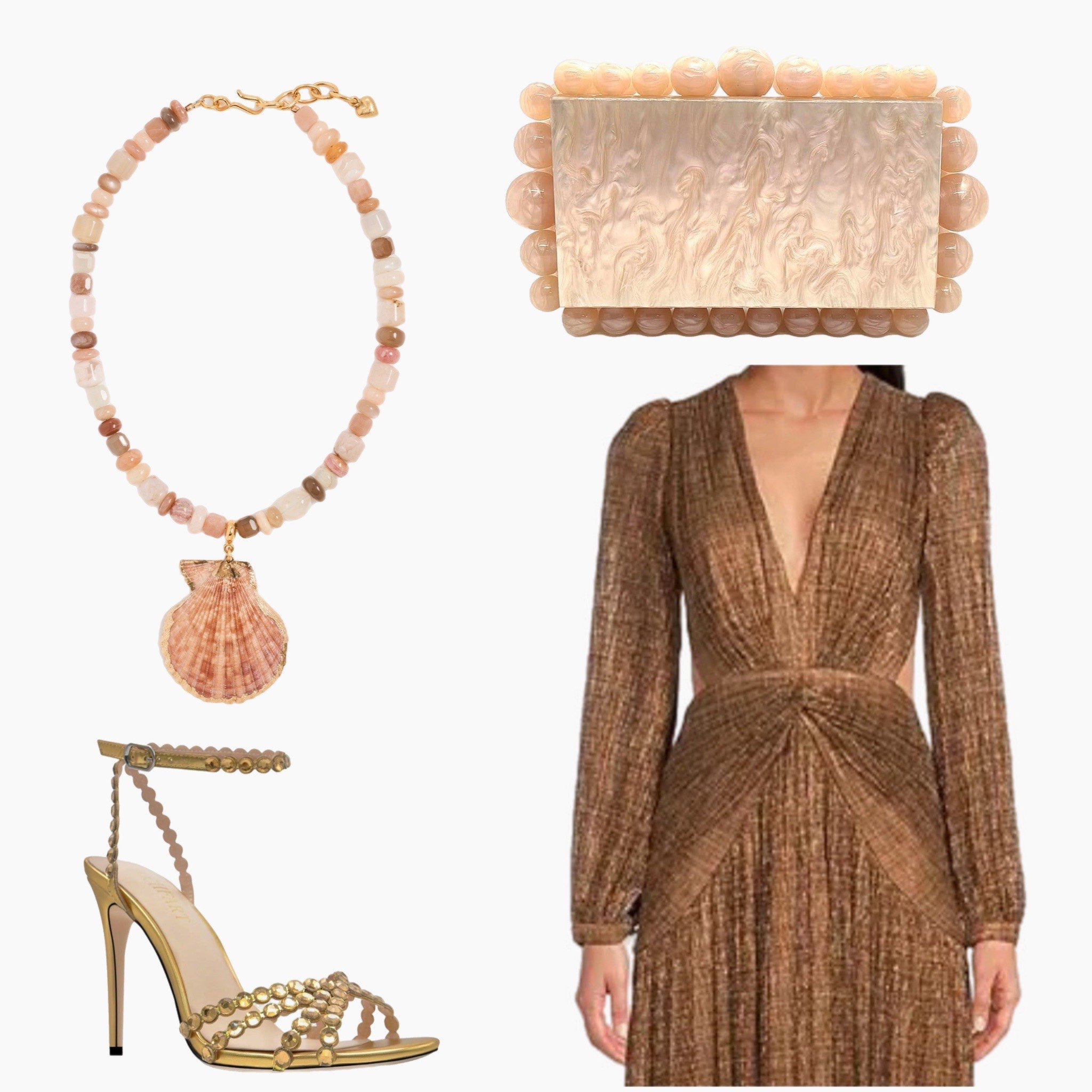 Wore this look in St. Barths last night and felt like golden hour in motion. This bronze textured dress paired perfectly with seashell details, gold heels, and a pearlescent clutch. Effortless, earthy glam for a dreamy island evening. #StBarthsStyle #EveningLook #ResortGlam #TropicalNights #VacationOutfit #BeachDinnerStyle #ShellJewelry #GoldenHourGlow #WhatIWor

#LTKTravel #LTKShoeCrush #LTKItBag #LTKStyleTip