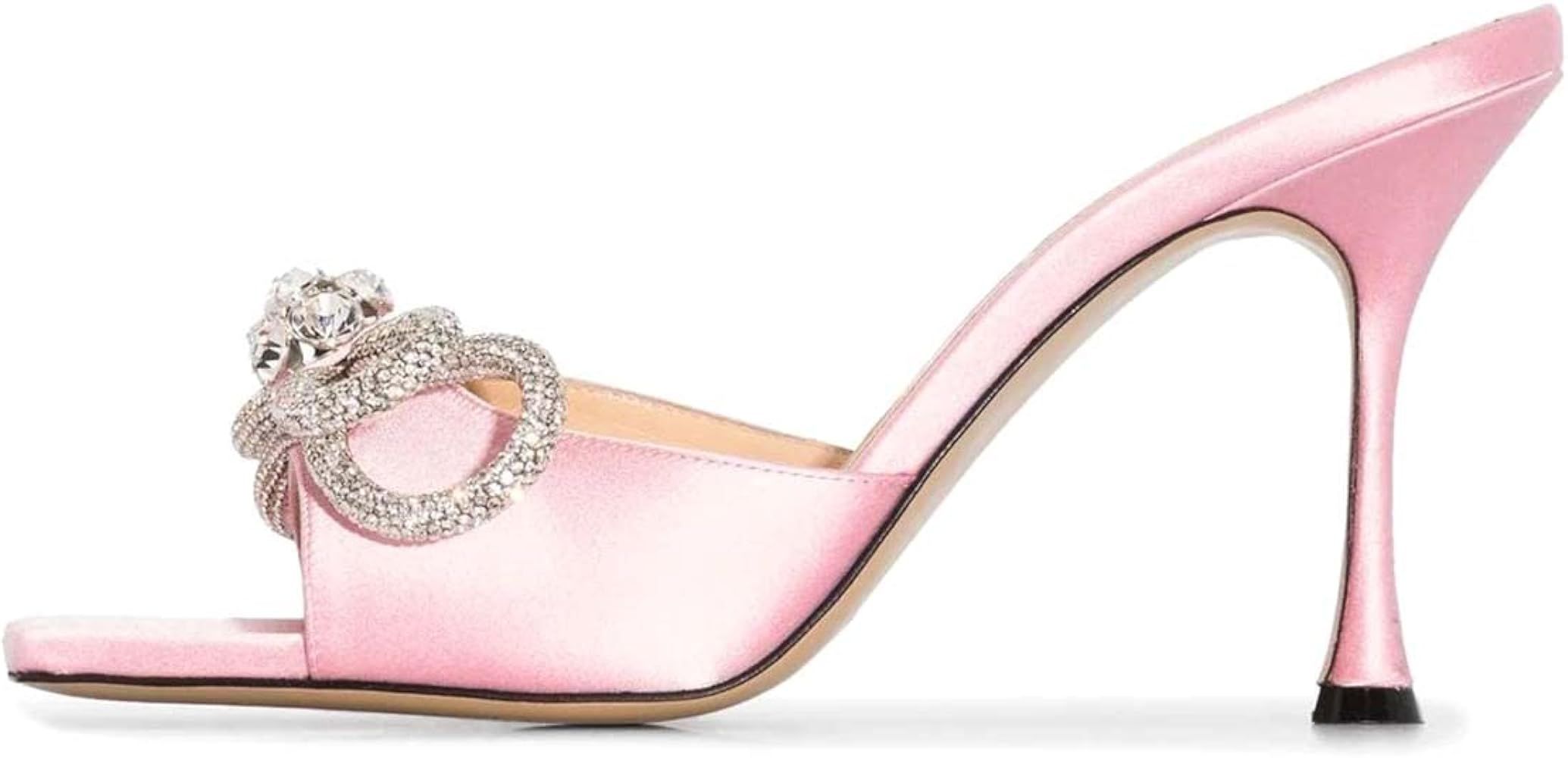 XYD Women Fashion Rhinestones Bows Open Square Toe Slide Sandals High Spool Heel Mules Slip On Pa... | Amazon (US)