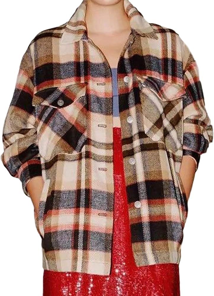 Omoone Women's Lounge Lapel Button Down Brushed Check Shirt Jacket Plaid Shirts Coats | Amazon (US)