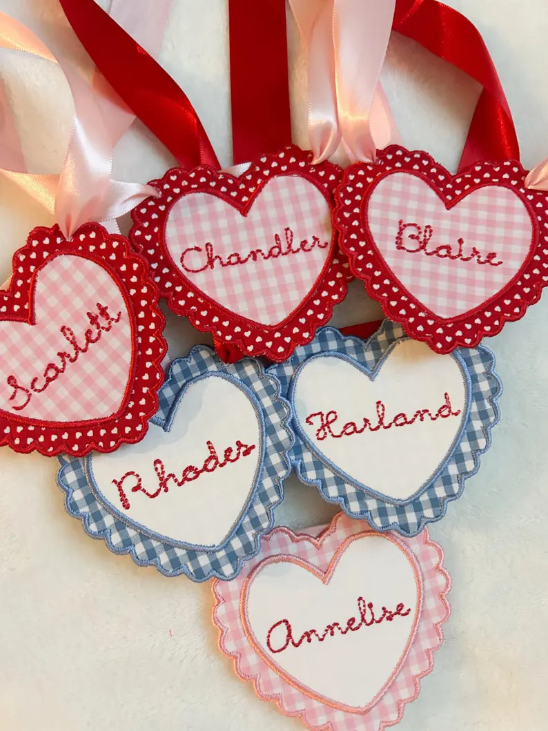 Personalized Valentine Basket Tags | Embroidered Heart Name Tags | Custom Valentine Gift Tag | Ki... | Etsy (US)