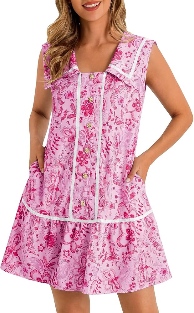 Wenrine Womens Mini Shirt Dress Casual Floral Sleeveless Collared Button Down Summer Dresses | Amazon (US)