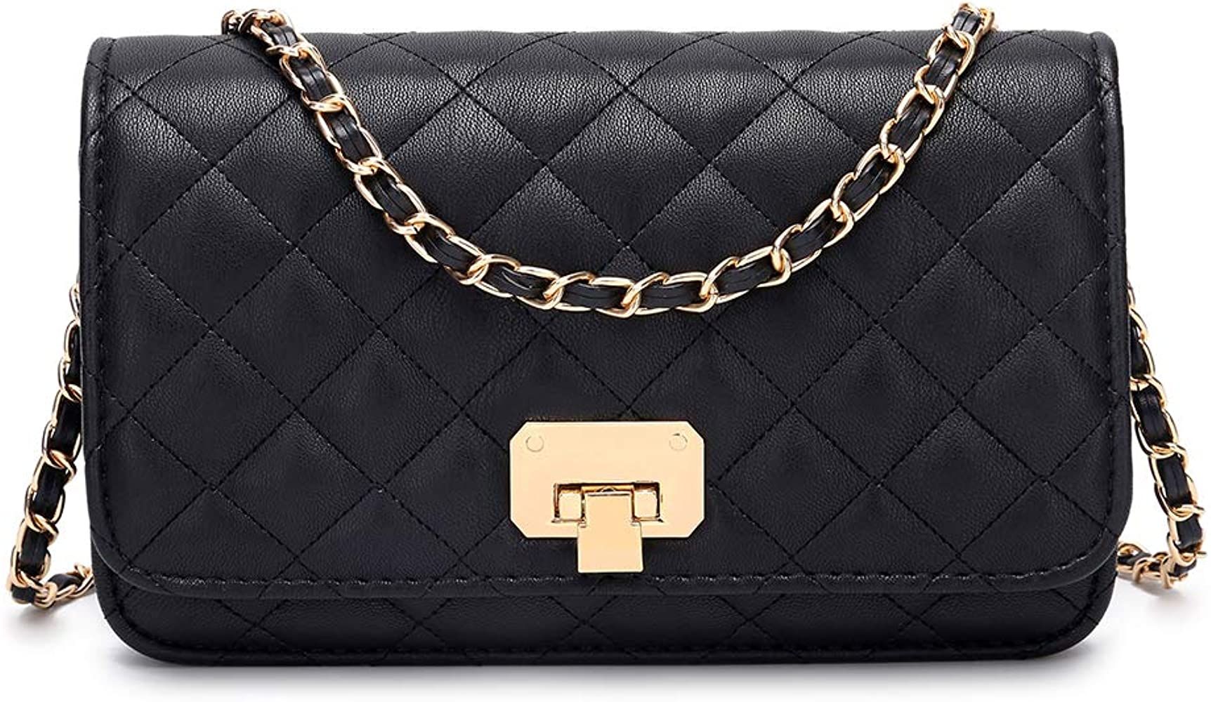 Women Black Quilted Purse Clutch Small Crossbody Shoulder Bag with Chain Strap Leather | Amazon (US)