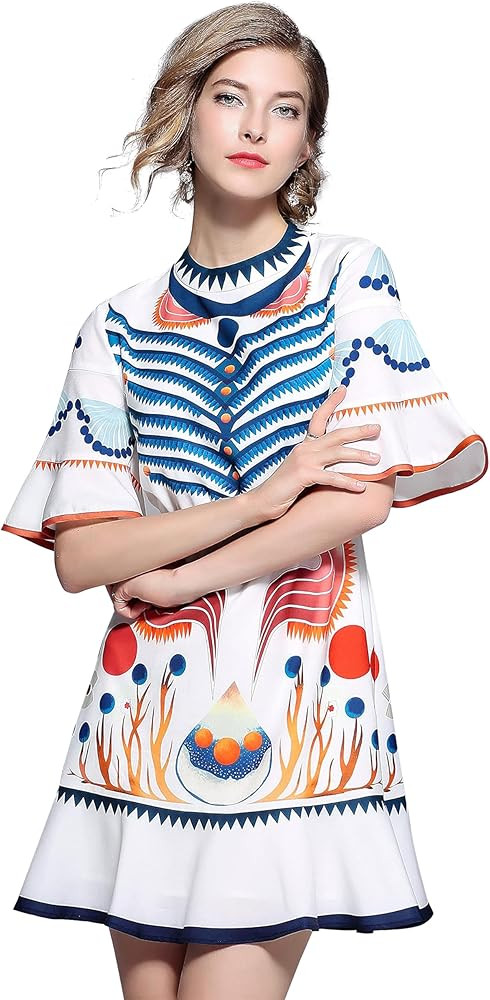 LAI MENG FIVE CATS Women's Summer Puff Sleeve V-Neck Floral Print Casual Swing Mini Dress(Suitabl... | Amazon (US)