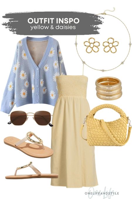 Yellow and daisies outfit inspo 🌼 I just ordered this dress (it’s only $19.98!) & I’m picturing draping this cardigan over my shoulders for a cute pattern mixing twist! I have and love these sandals, the purse, and the bracelets !

#LTKFindsUnder50 #LTKSeasonal #LTKStyleTip
