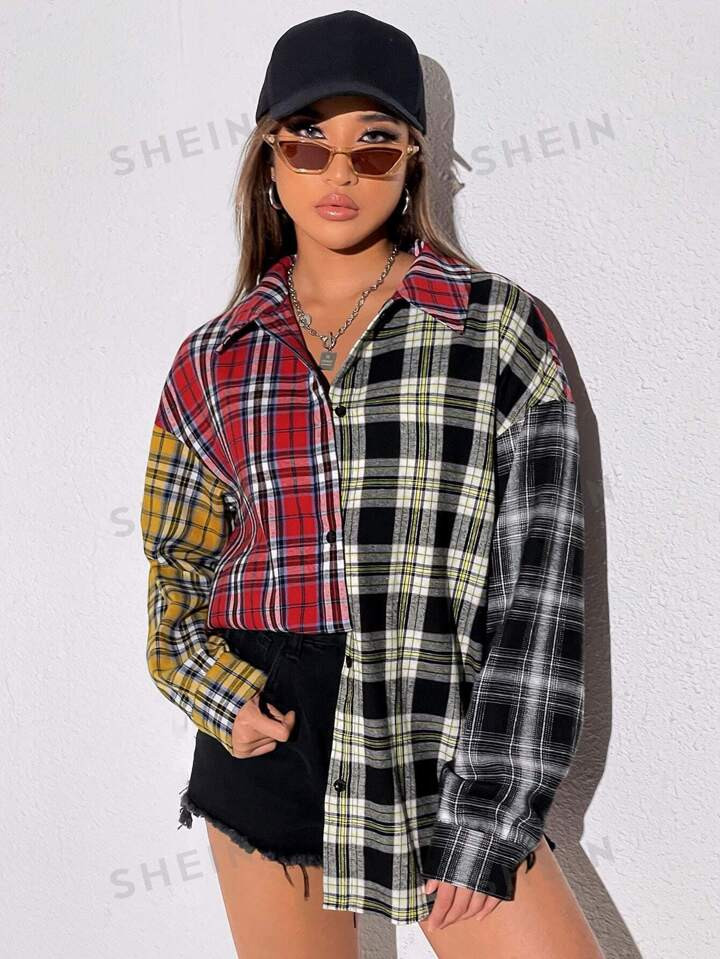 SHEIN EZwear Tartan Colorblock Drop Shoulder Shirt | SHEIN