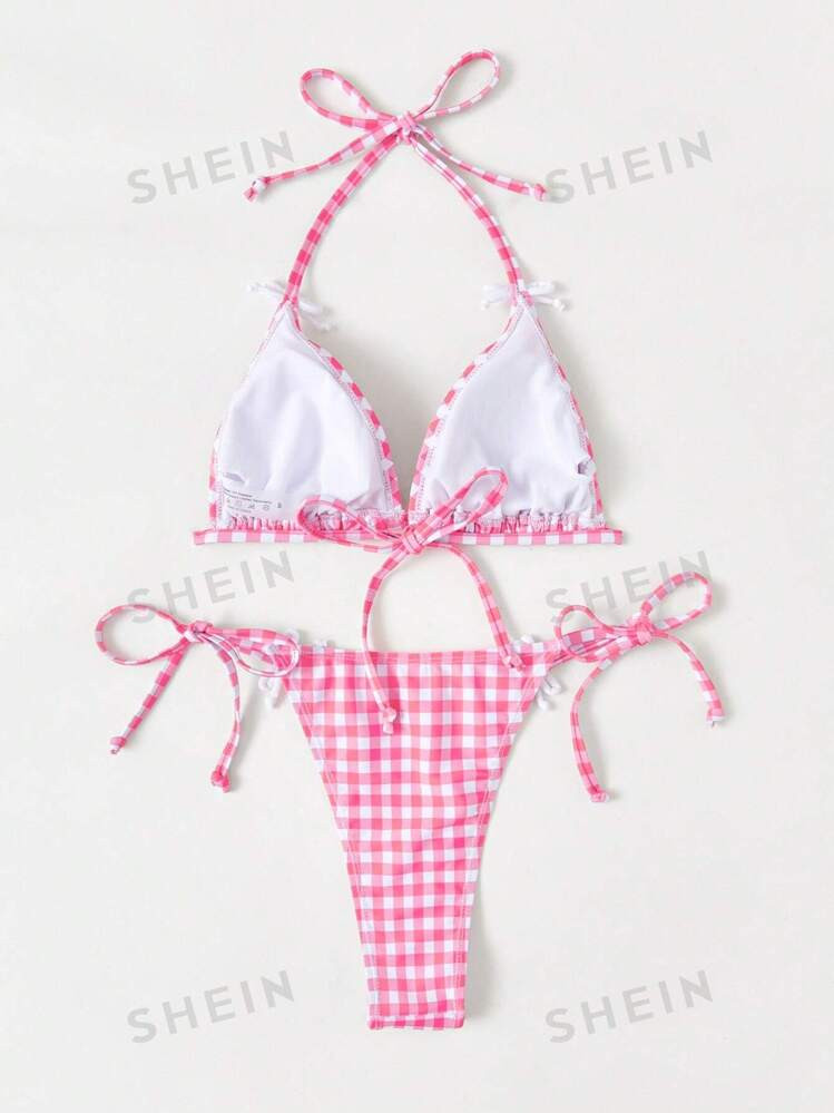 SHEIN Swim Mod Women's Summer Beach Gingham Halter Tie Sexy Bikini Set | SHEIN