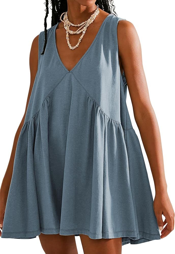 Habenall Mini Dress for Women 2024 Summer Casual Sleeveless V Neck Sundress Loose Babydoll Dress ... | Amazon (US)