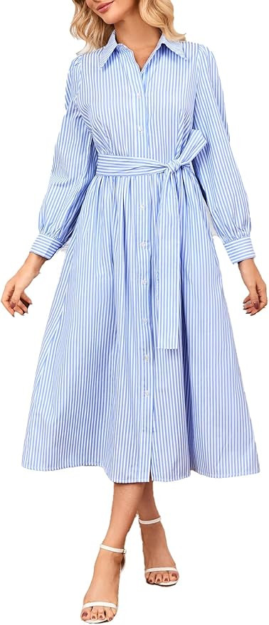 Ladyful Women's Long Sleeve Shirt Dress Casual Button Down Striped Tie Waist Flowy A Line Midi Dr... | Amazon (US)