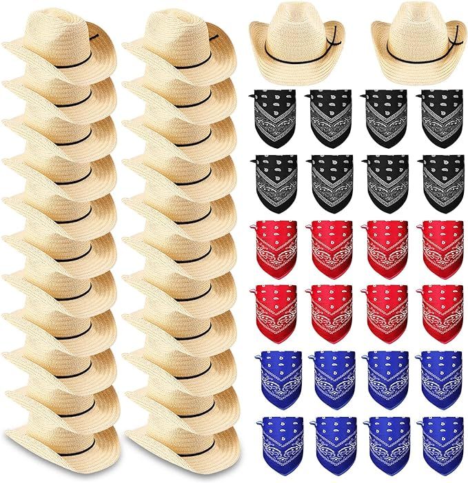 24 Sets Straw Cowboy Hats with Colorful Bandanas Adult Western Hats with Hat Band Black Red Blue ... | Amazon (US)