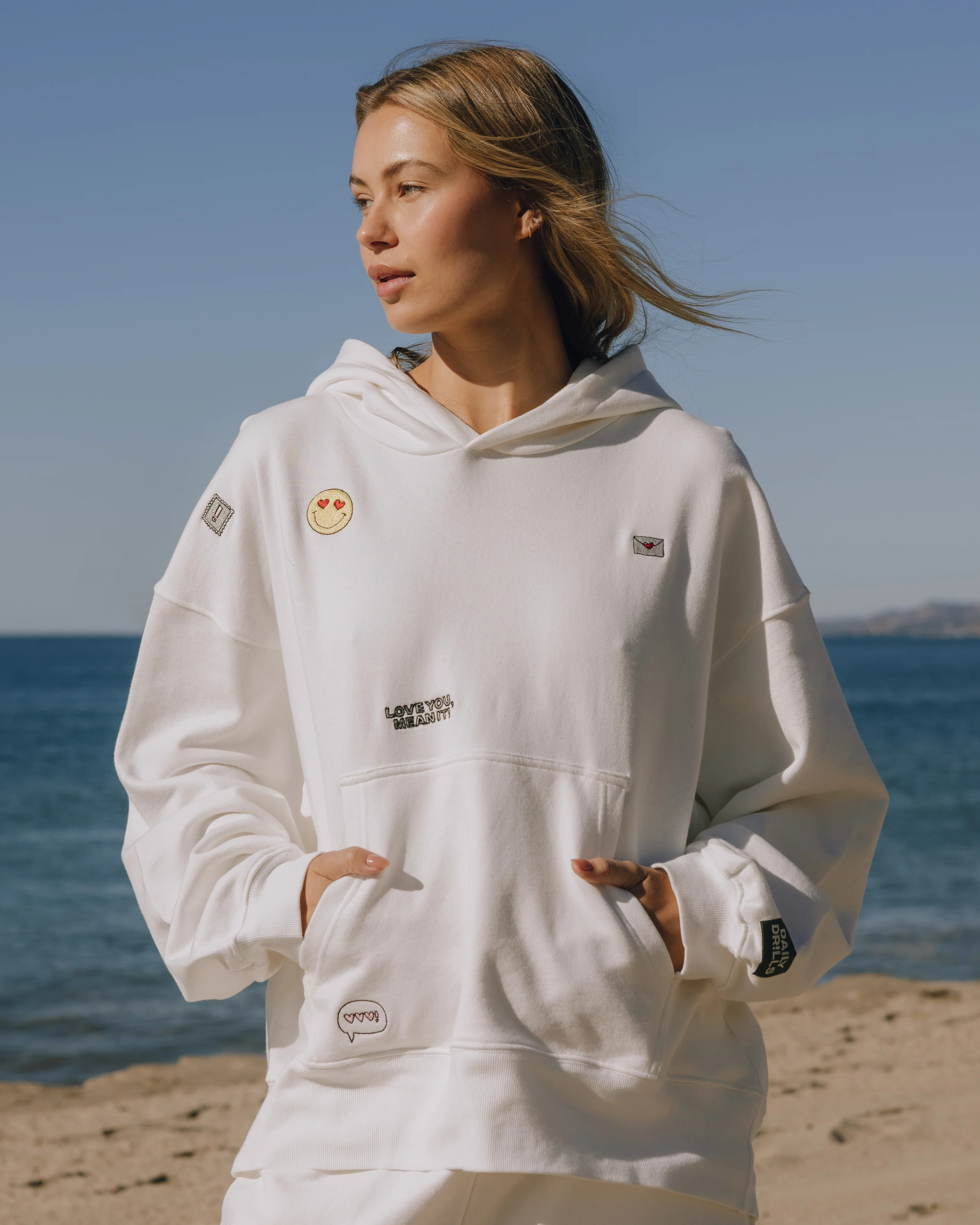 Oversized Embroidered Hoodie - Raw White + XOXO Detail | Daily Drills