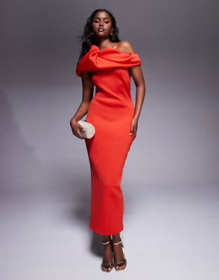 ASOS DESIGN scuba structured puff sleeve bandeau midi dress in red | ASOS (Global)