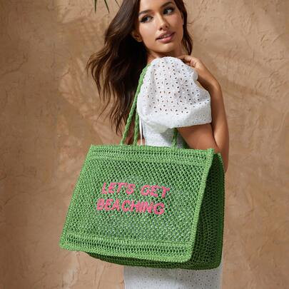 Women's Summer Fashionable Straw Beach Bag With Letter Design, Suitable For Vacation | SHEIN
