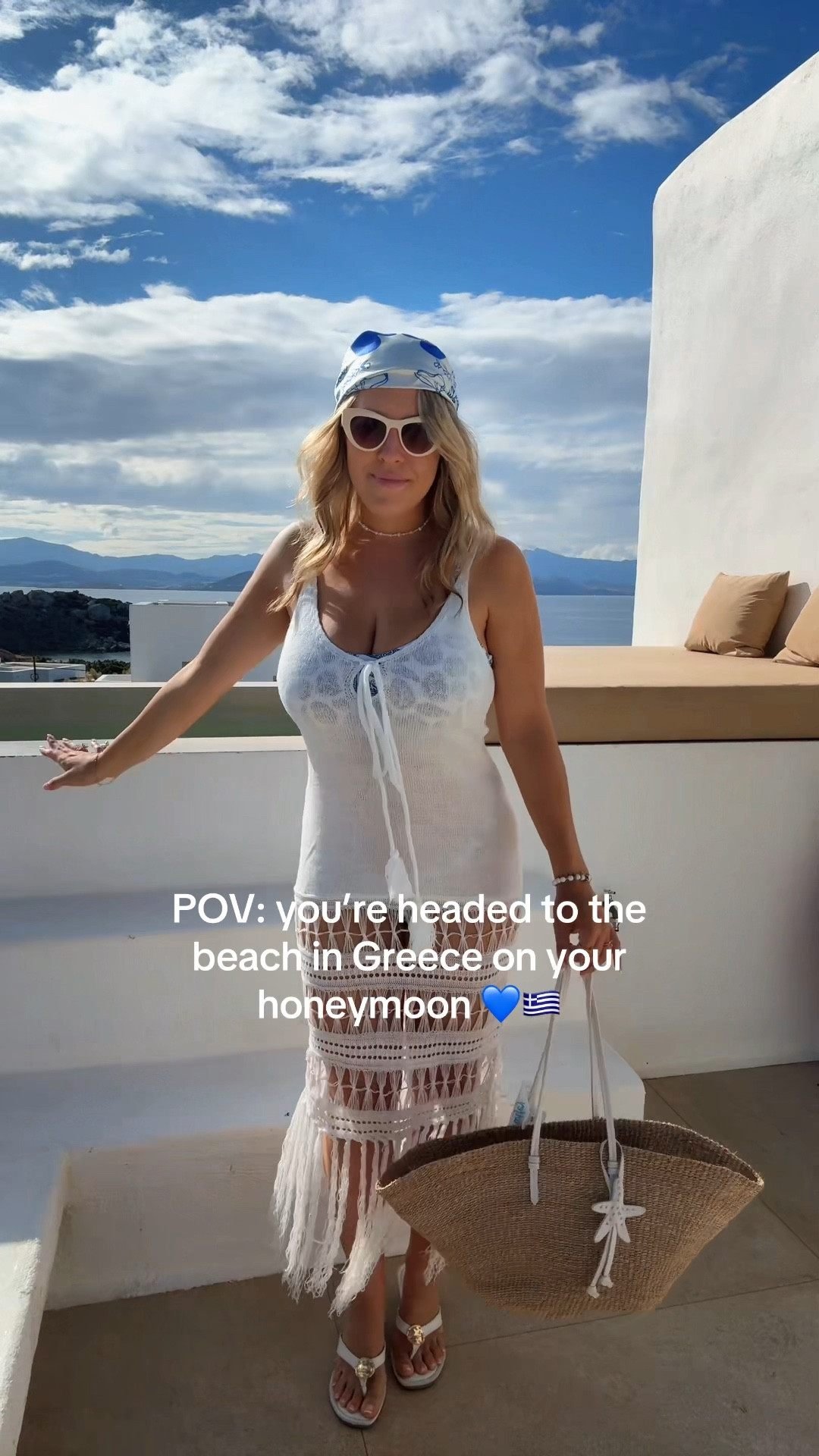 Beach outfit in Greece 
Paros Greece outfit
Greece honeymoon outfit
Blue beach outfit
White beach coverup
Blue bandanna outfit 
White maxi dress for beach

#LTKSwim #LTKTravel #LTKootd