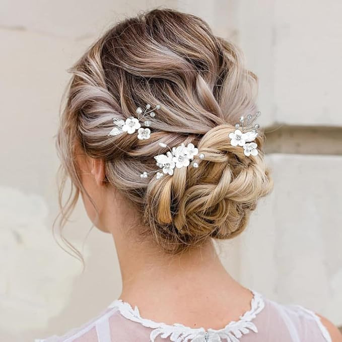 Unicra Silver Flower Bride Wedding Hair Pins Leaf Bridal Headpiece Pearl Rhinestone Bridesmaids H... | Amazon (US)