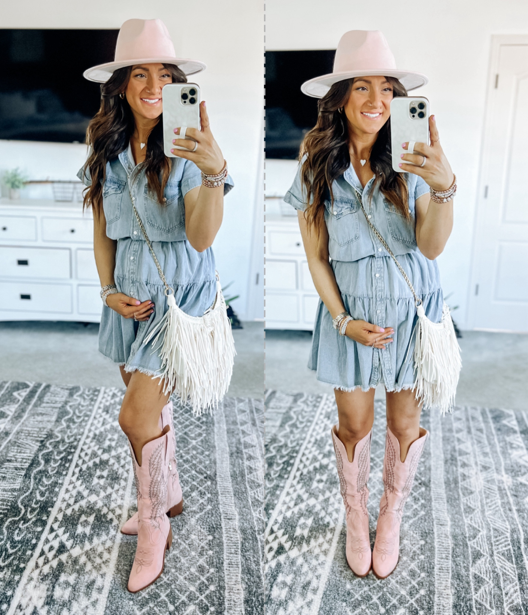 The cutest denim dress outfit! I sized up to the med and didn’t need to, so I used my stretchy belts to pull the top over some and make the length more flattering 👍 these boots are way too cute for Amazon!! Sized up half and they’re perfect! This hat is also a major Amazon win!! Came packaged so nicely and the quality is 10/10! Linked a few other cute denim dress options here also!! 

#LTKfindsunder50 #LTKbump #LTKshoecrush