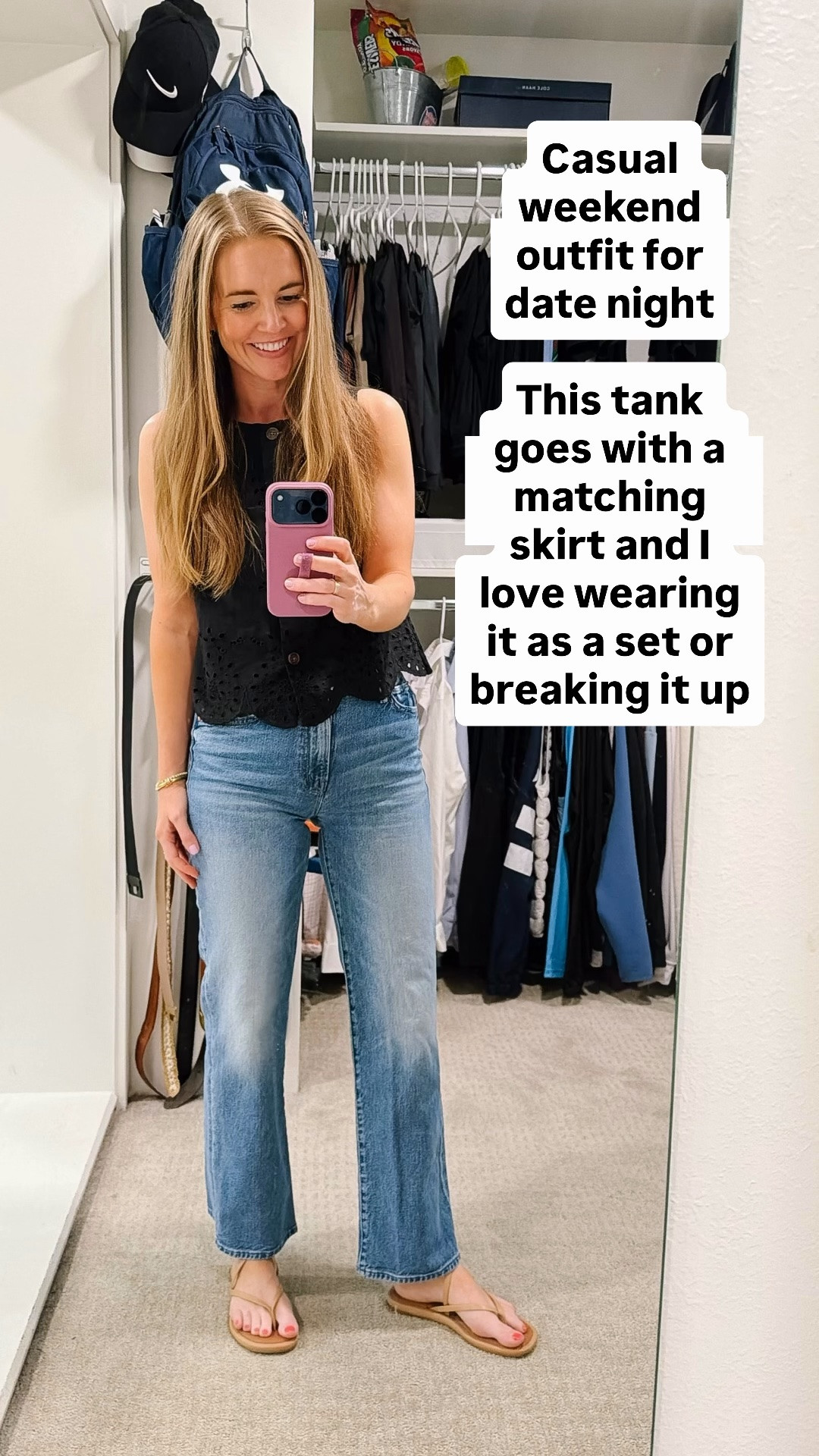 Loved this summer outfit 

I’m wearing an XXS in this top - it is sold out in black but available in a few other cute colors! 

Size up on these jeans!