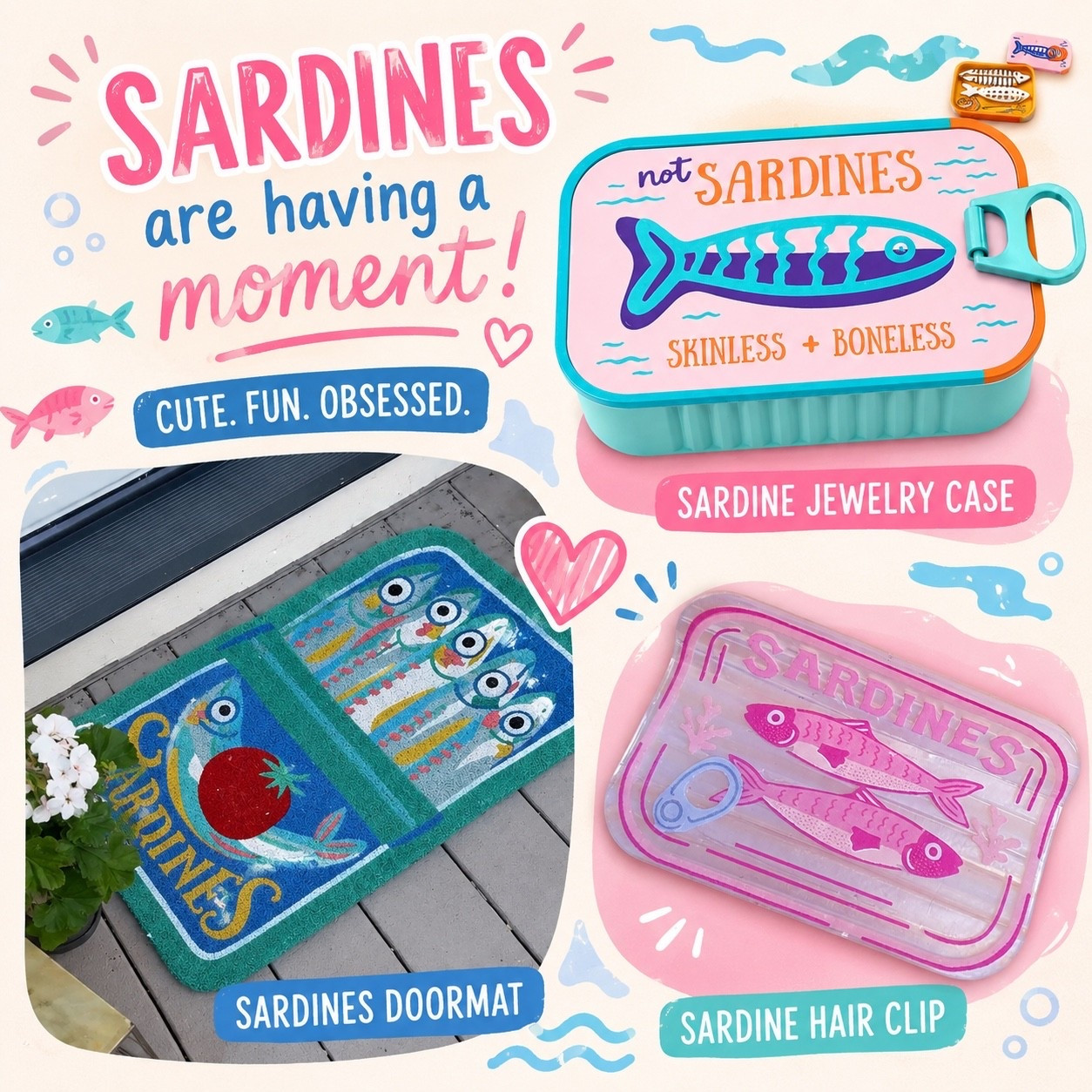 Sardines are having a MOMENT! 🐟💖💅🏼 These quirky sardine finds are way too cute—from the cutest doormat to a fun jewelry case & the most adorable hair clip! 🐟✨ Definitely adding a little fishy fun to my life! 😂💕

#LTKFinds #LTKHome #LTKStyle #SardineTrend #Sardines #SardineLovers #QuirkyHomeDecor #FunHomeDecor #ColorfulHome #AmazonFinds #AmazonHome #AmazonFashion #AmazonFinds #CuteFinds #TrendingFinds #HomeDecorFinds #SummerFinds #ShopMyFinds