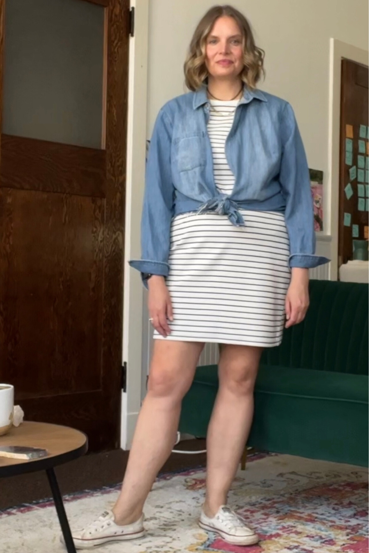 Outfit formula: striped dress, chambray, shirt, and sneakers  

#LTKSeasonal #LTKstyletip #LTKcurves
