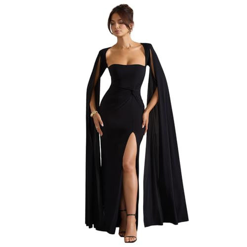 JUMISEE Women’s Flowy Cloak Sleeve Wedding Guest Dress Sexy Ruched High Slit Maxi Dress Formal Cape Cocktail Dresses Black | Amazon (US)