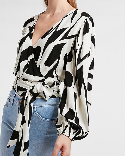 Printed Wrap Front Balloon Sleeve Tie Top | Express