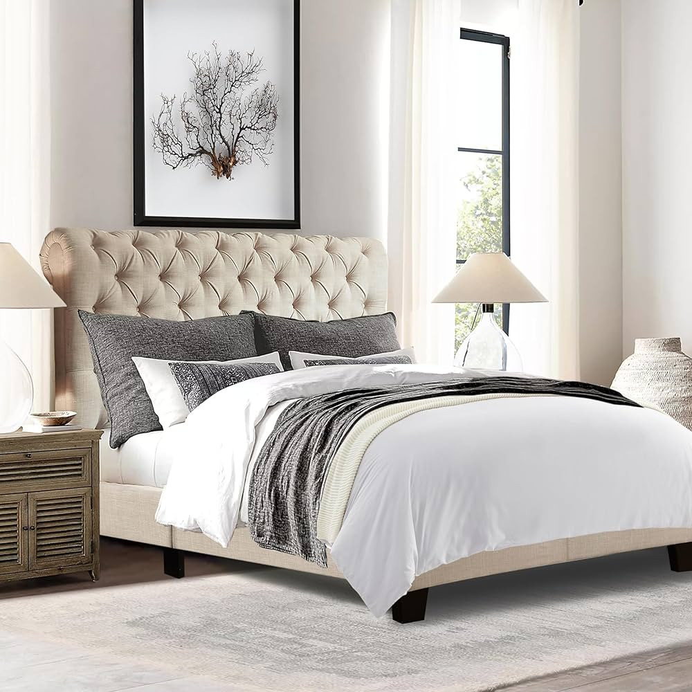 Rosevera 32”Rosina Roll Head Bed Frame, Fabric Upholstered Chesterfield-Styled Bed Frame with A... | Amazon (US)