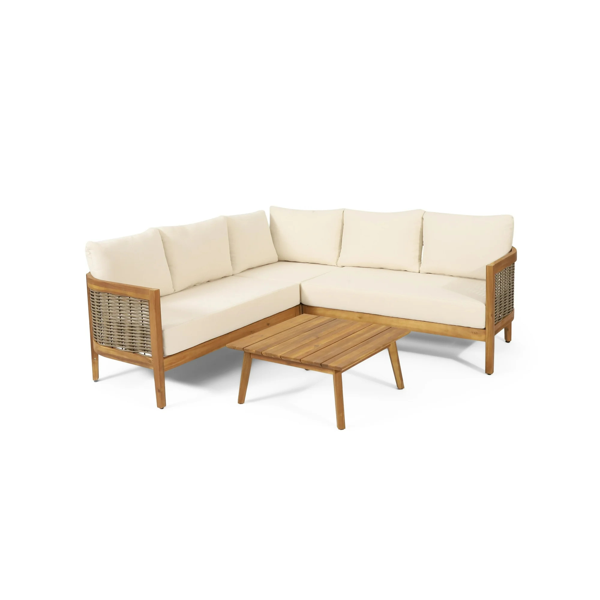 Rattler Acacia Wood and Round Wicker Outdoor 5 Seater Sectional Sofa Chat Set with Cushions, Teak... | Walmart (US)