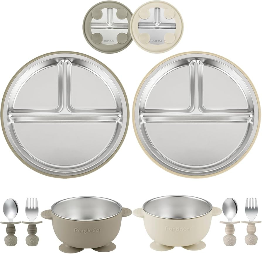 PandaEar 8PCS Baby Feeding Set | Stainless Steel Suction Plates and Bowls with Silicone Fork and ... | Amazon (US)