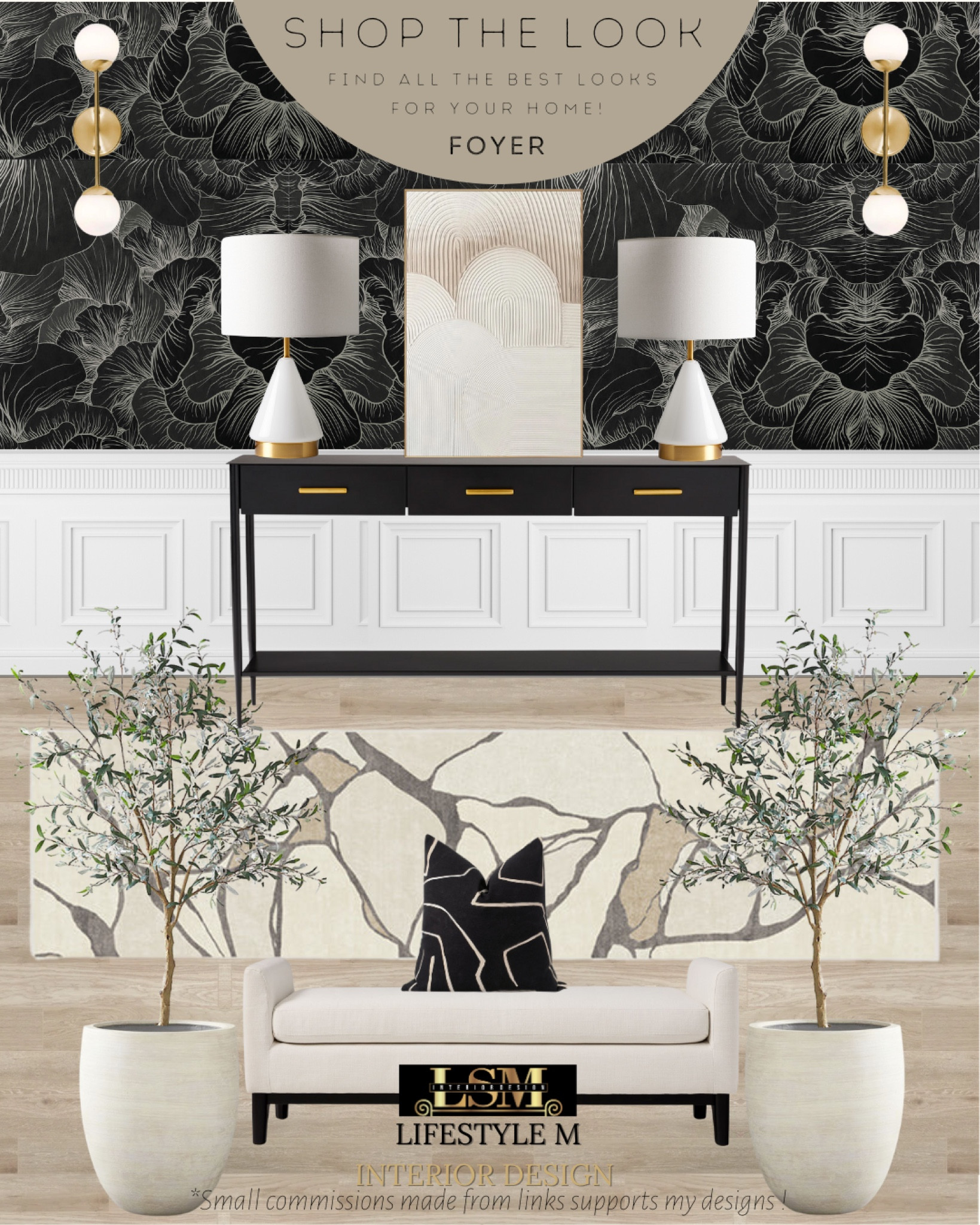 Black modern farmhouse foyer design idea. Black wall paper, white upholstered bench, black console table, white table lamp, white terracotta tree planter pot, realistic faux fake tree, black throw pillow, modern beige runner rug, beige neutral wall art, brass wall sconce.

#LTKstyletip #LTKhome #LTKFind