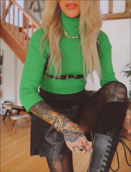 green turtleneck x faux leather shorts 