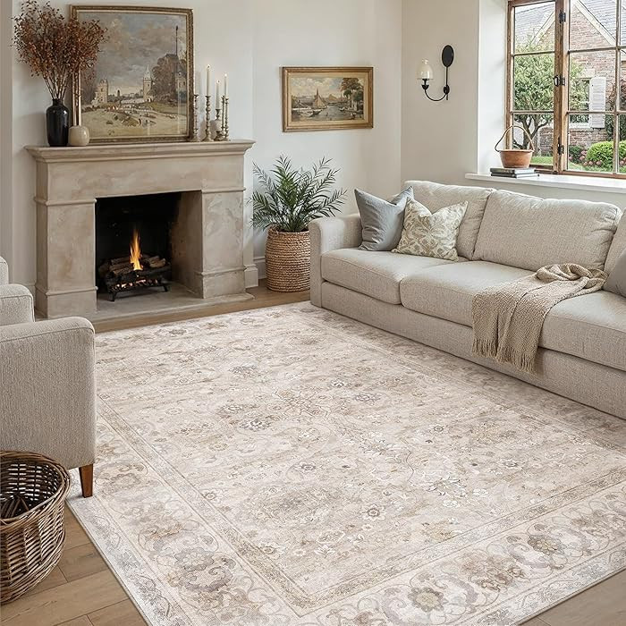 PureCozy 8x10 Area Rug Washable Living Room Vintage Beige Carpet Bedroom Large Indoor Non Slip So... | Amazon (US)