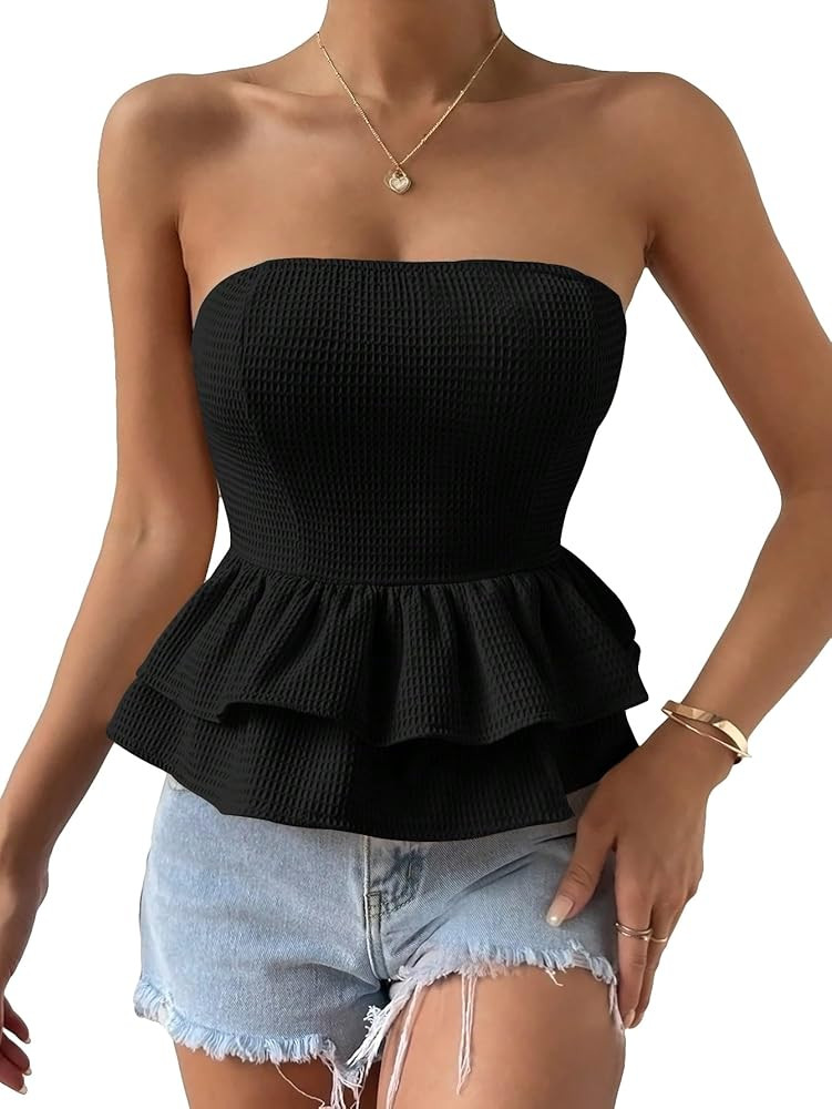 OYOANGLE Women's Sleeveless Ruffle Blouse Tie Knot Back Casual Party Peplum Top | Amazon (US)