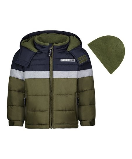 Navy & Olive Fleece-Lined Heavyweight Puffer Coat & Olive Beanie - Infant & Toddler | Zulily
