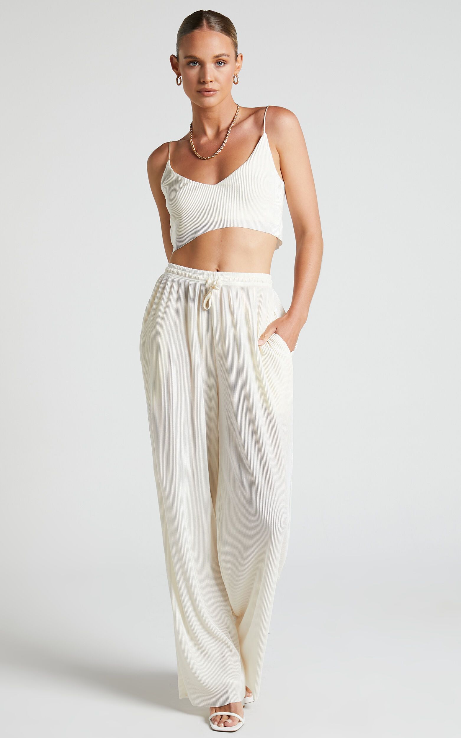 Elowen Two Piece Set - Plisse Crop Top and Relaxed Wide Leg Pants in Cream | Showpo (US, UK & Europe)