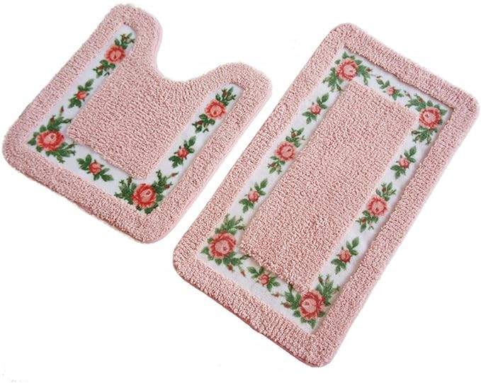 UKELER Non-Skid Floral Rose Bathroom Contour Rugs, Set of 2 Soft Shaggy Non Slip Bath Shower Mat ... | Amazon (US)