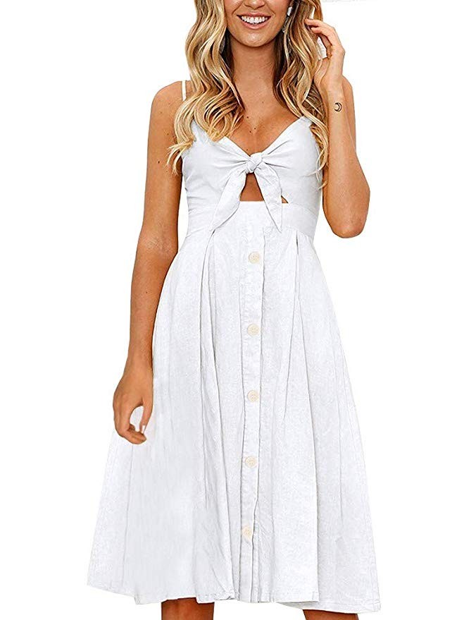 FANCYINN Womens Floral Prints Tie Front Button Down Spaghetti Strap Midi Dress | Amazon (US)